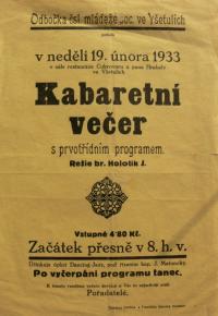 Všetuly, Socialistická mládež, Kabaretní večer - plakát, 1933